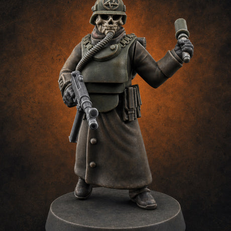 Gas-Masked Trenchcoated Skeleton Trooper E Miniature for Dungeons and Dragons, Pathfinder or other TTRPGs