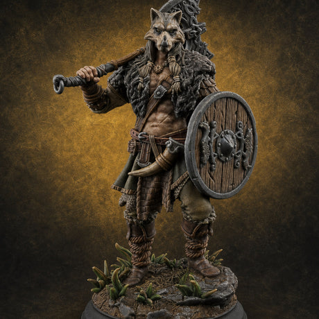 Axe Swinging Shield Bearing Cat Masked Warrior — painted concept preview (miniature supplied unpainted)