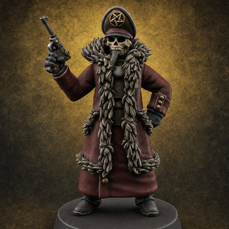 Pistol Toting Fur Lined Skeleton Masked Commissar C Miniature for Dungeons and Dragons, Pathfinder or other TTRPGs