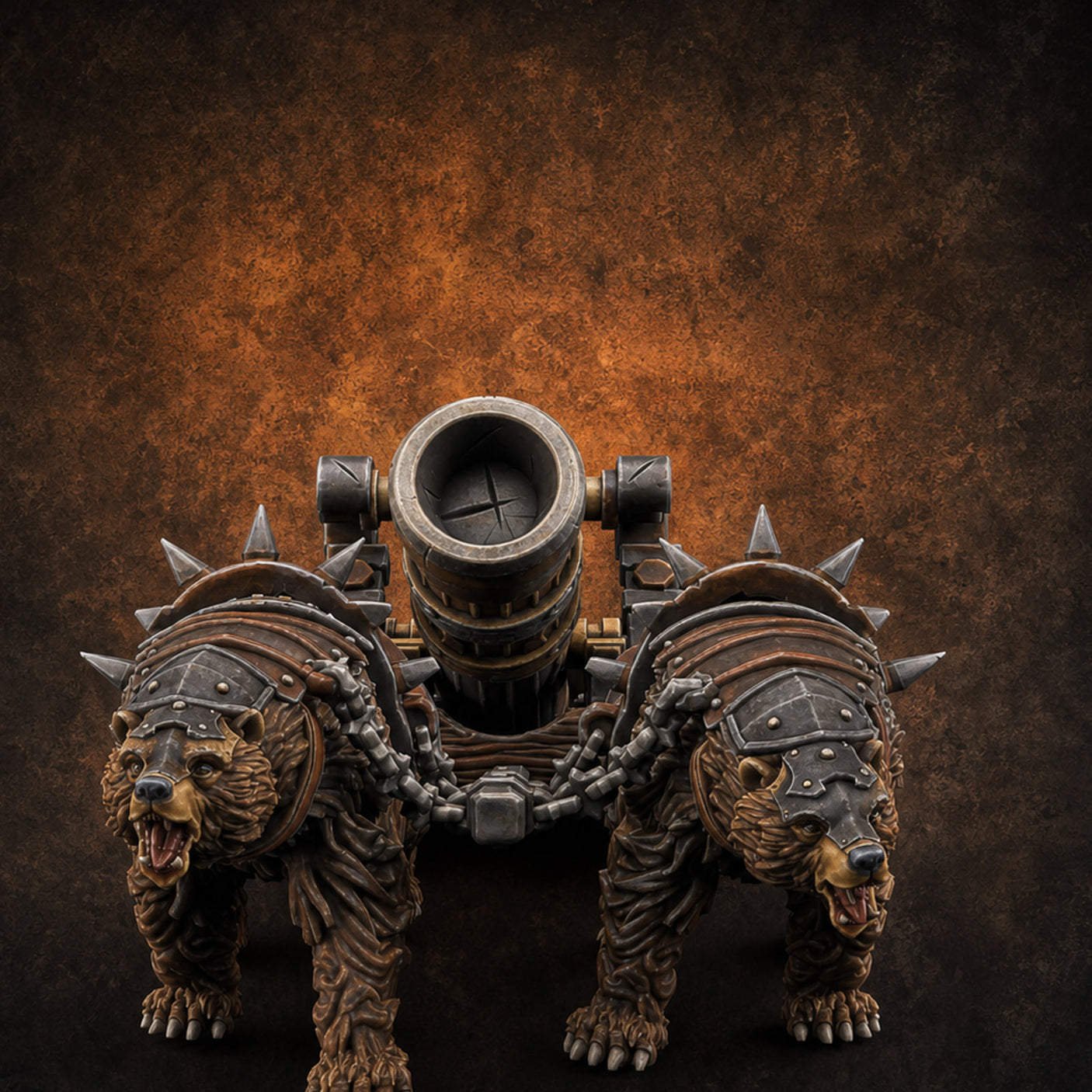 Twin Spiked Mortar-Hauling Armoured Bear Cannon Miniature for Dungeons and Dragons, Pathfinder or other TTRPGs