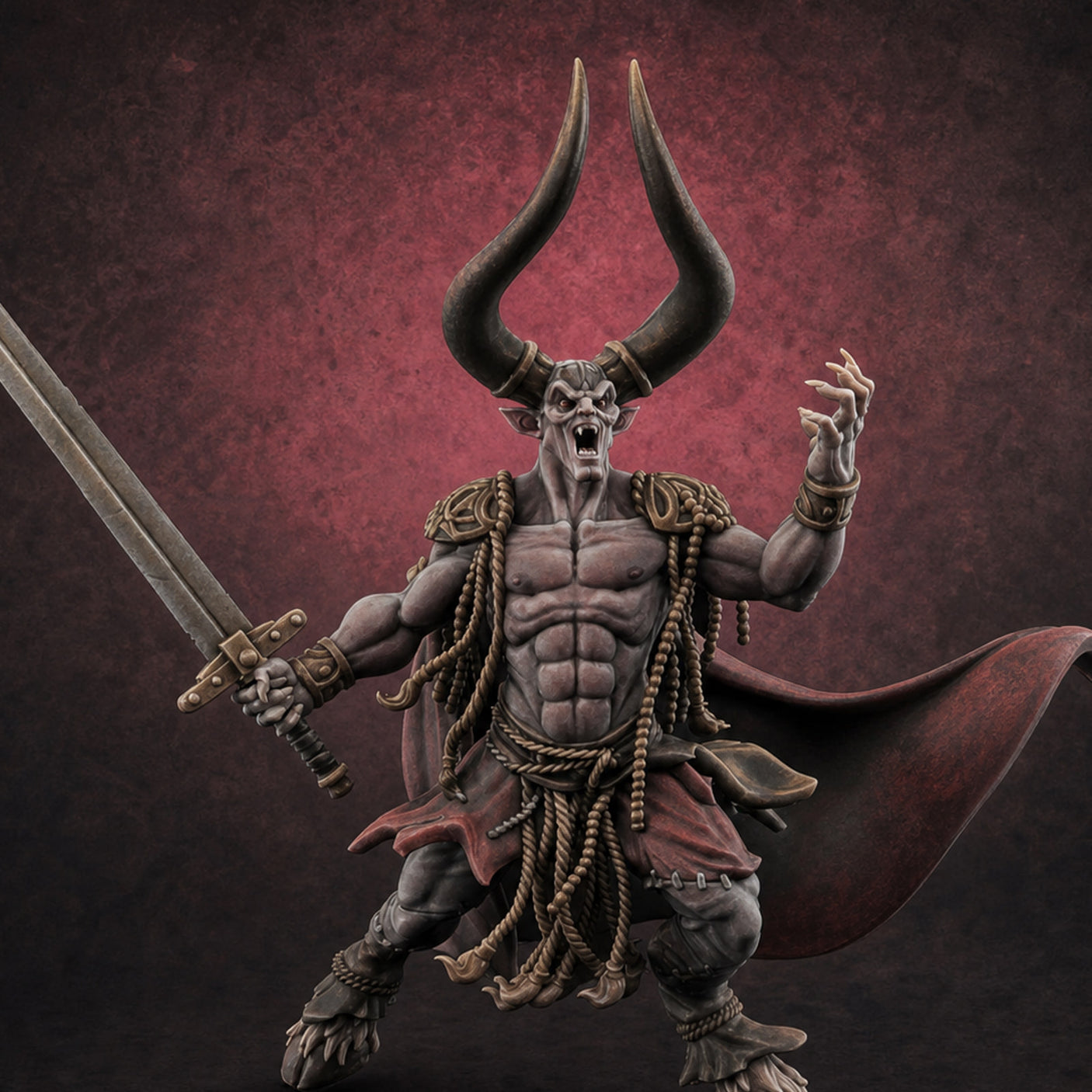 Horns Raised Roaring Demon Warlord Miniature for Dungeons and Dragons, Pathfinder or other TTRPGs