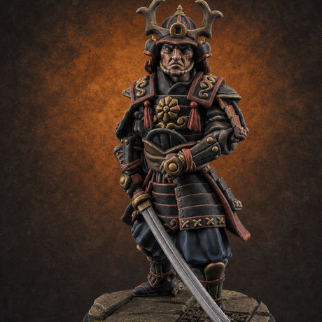 Stern Horned Samurai A — painted concept preview (miniature supplied unpainted)