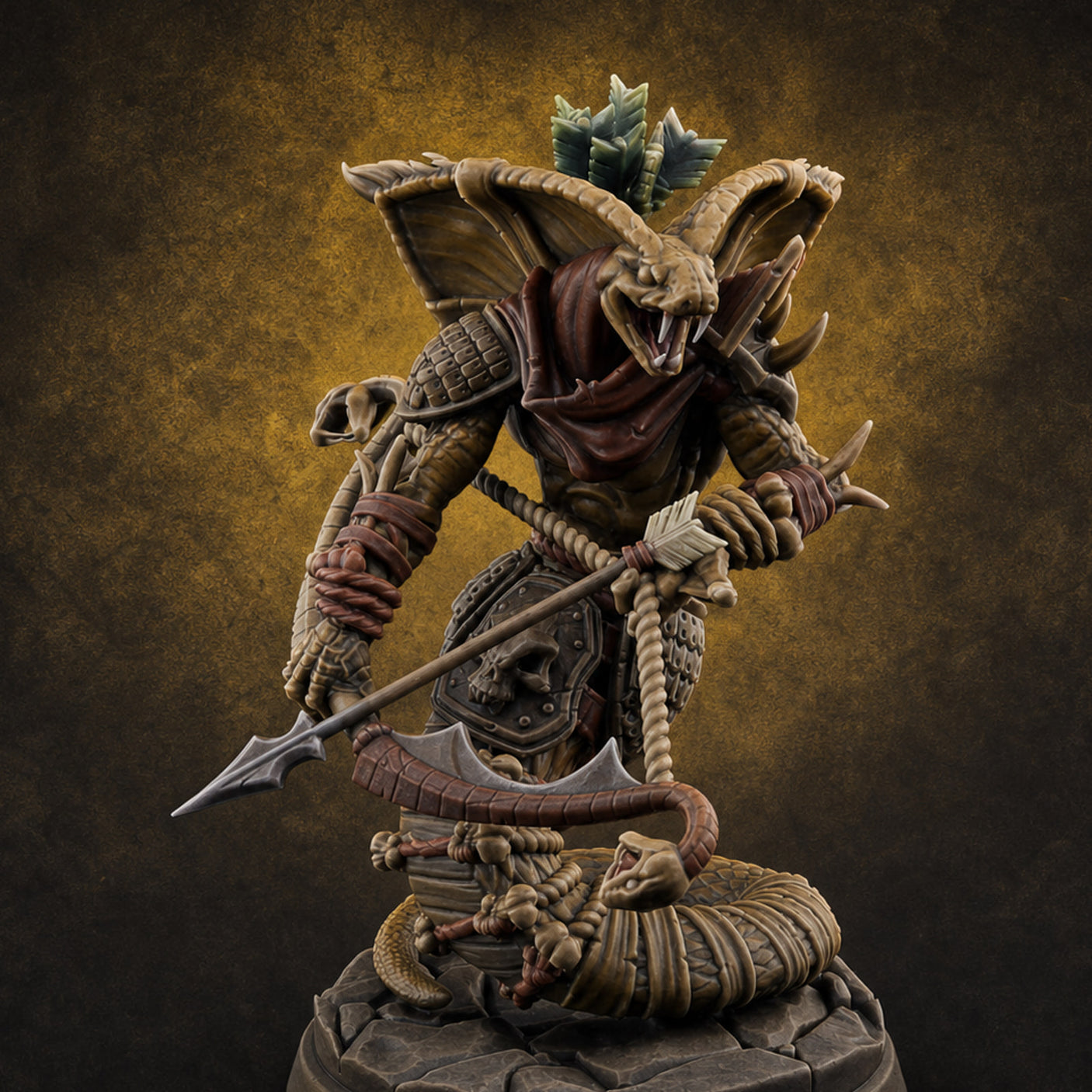 Spear Thrust Snarling Naga Warrior A — painted concept preview (miniature supplied unpainted)