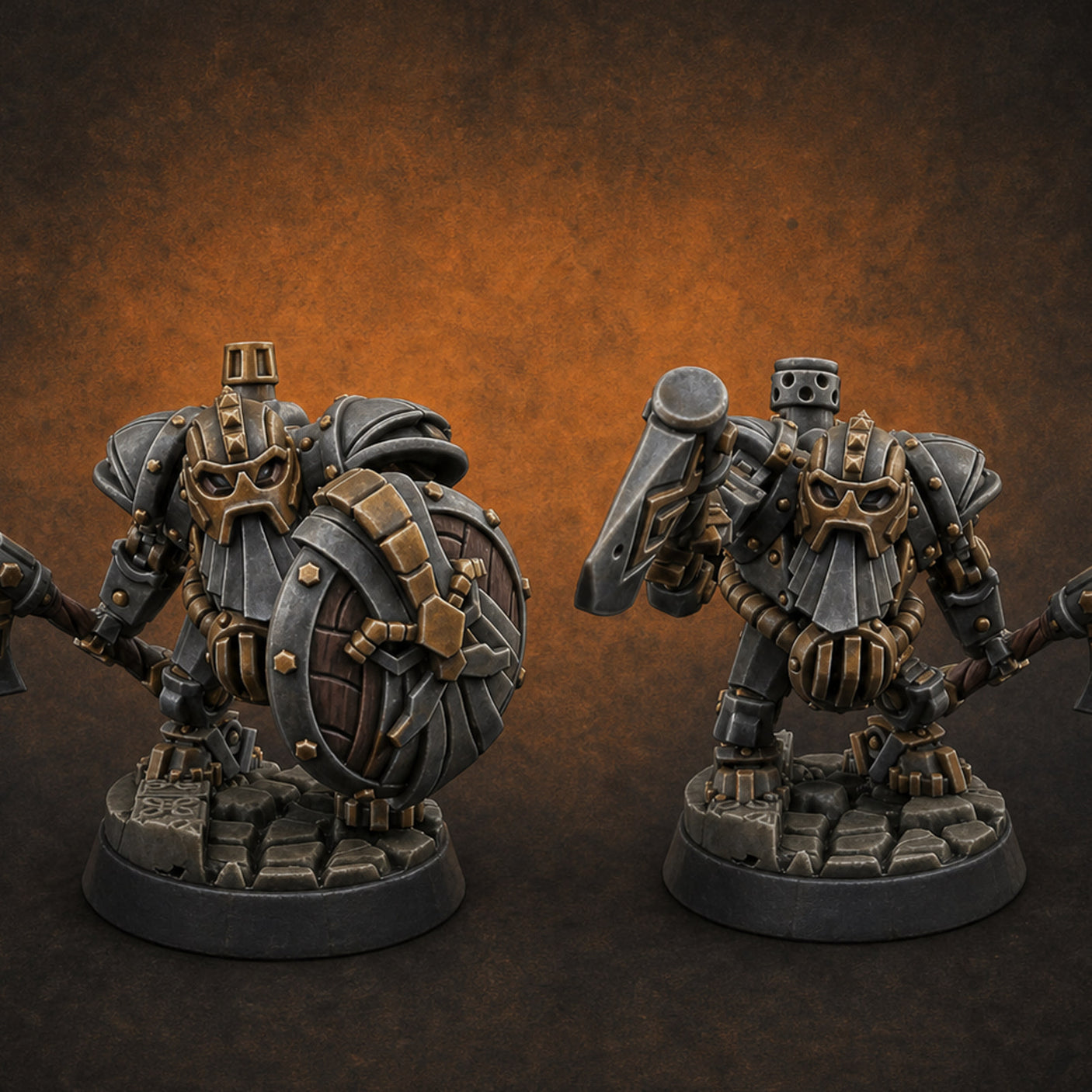 Shell Plated Striding Mech Dwarf Warriors — painted concept preview (miniature supplied unpainted)