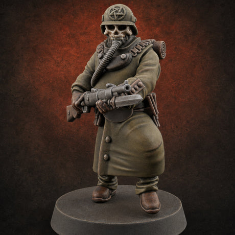 Gas-Masked Trenchcoated Skeleton Trooper C Miniature for Dungeons and Dragons, Pathfinder or other TTRPGs