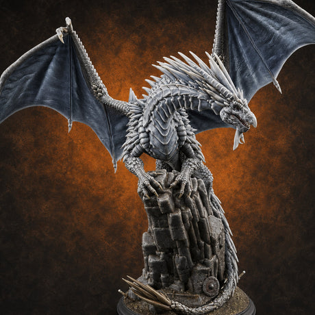 Perched Atop Ruins Silver Dragon Miniature for Dungeons and Dragons, Pathfinder or other TTRPGs