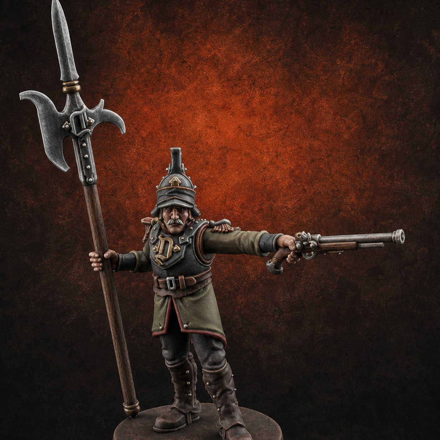 Plume Standing Proud Human Guards D — painted concept preview (miniature supplied unpainted)