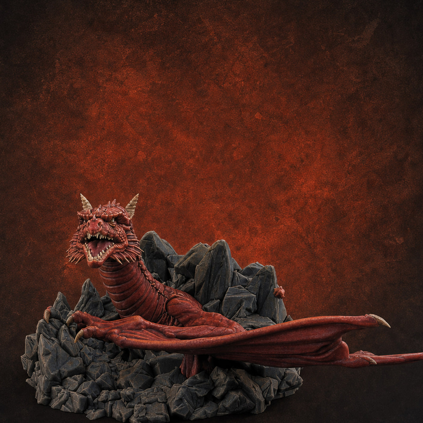 Sprawling On Stone Red Dragon Lounger — painted concept preview (miniature supplied unpainted)