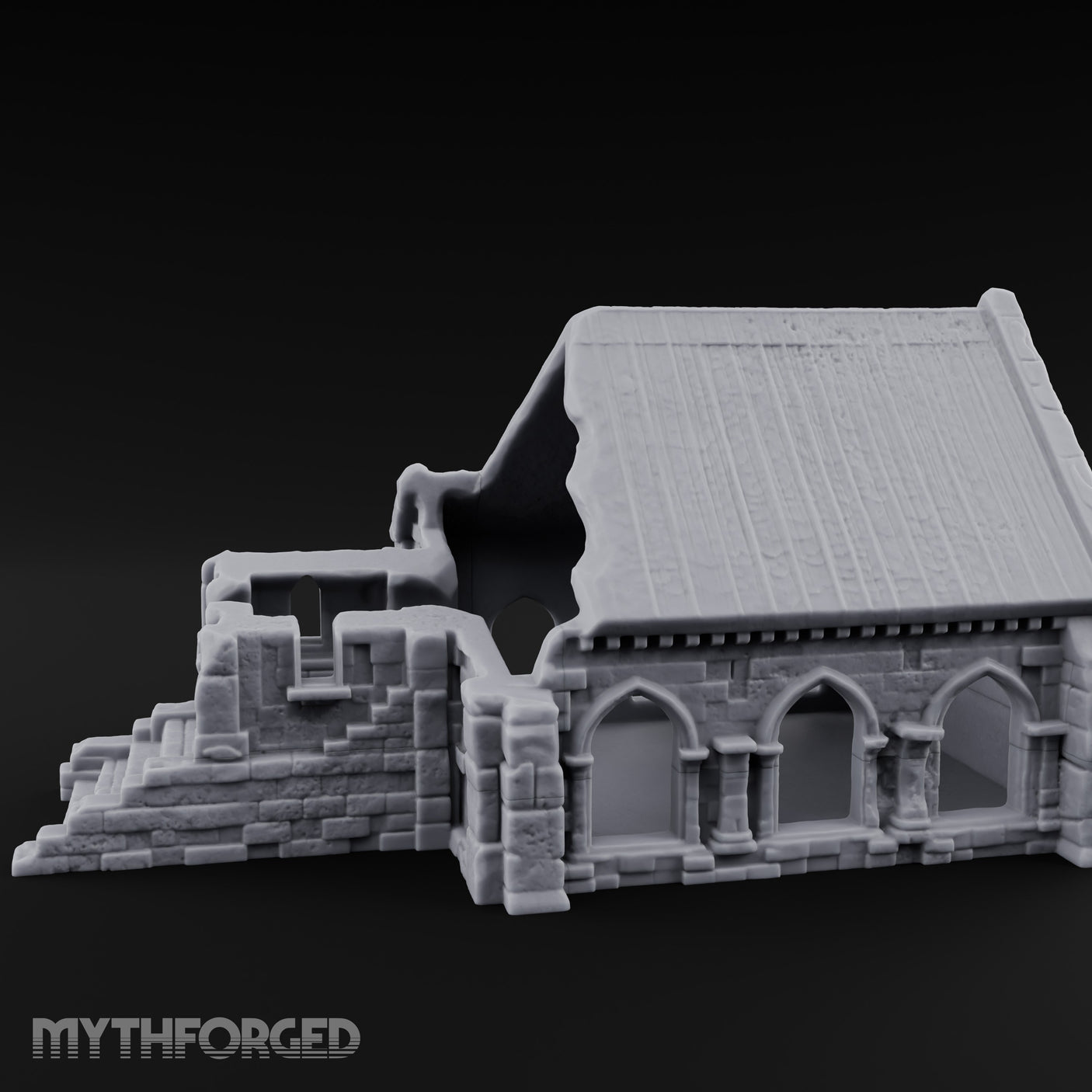 Arch-Shattered Stair-Fronted Stone Chapel Ruins Miniature for Dungeons and Dragons, Pathfinder or other TTRPGs