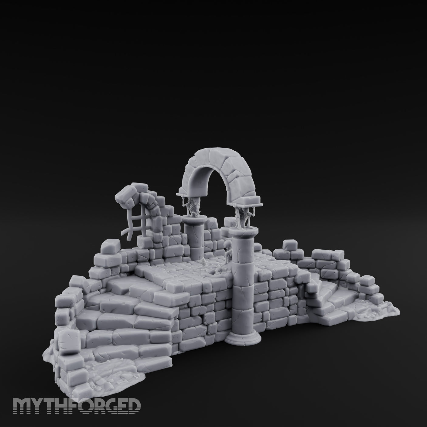 Arch-Spanned Skeleton-Flanked Ruined Gatehouse Stairs Miniature for Dungeons and Dragons, Pathfinder or other TTRPGs