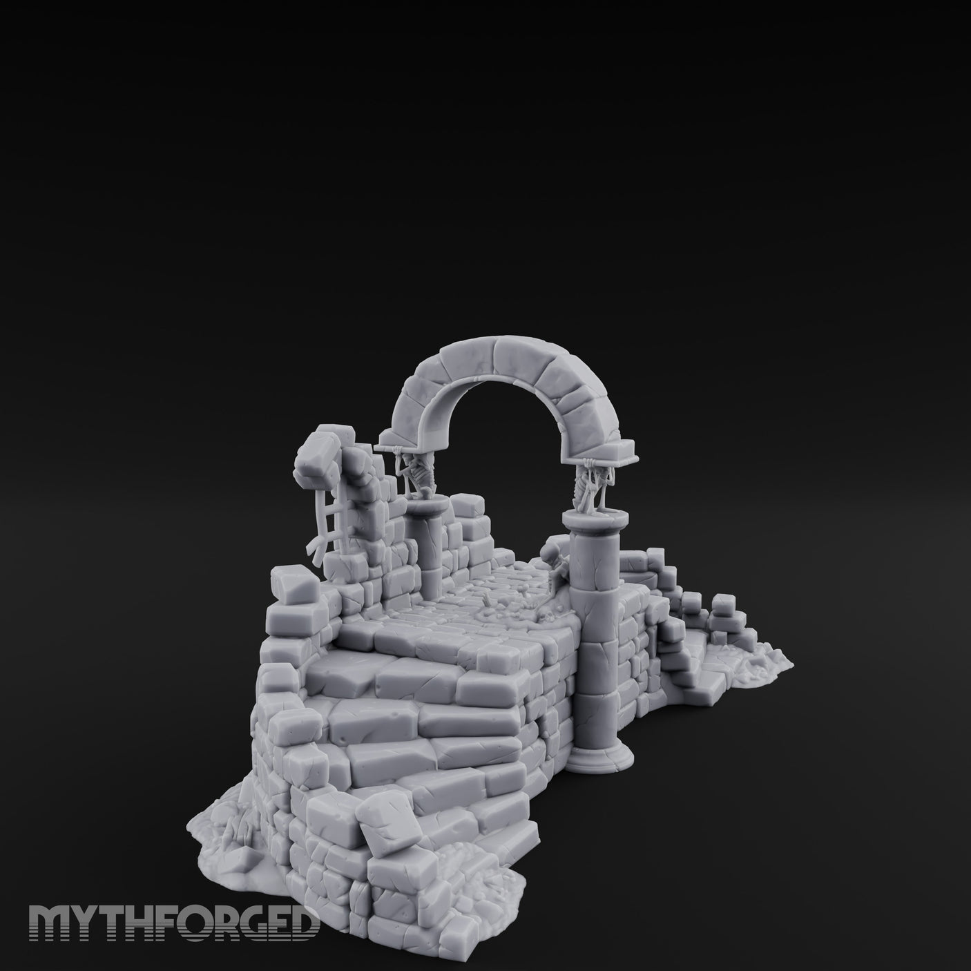 Arch-Spanned Skeleton-Flanked Ruined Gatehouse Stairs Miniature for Dungeons and Dragons, Pathfinder or other TTRPGs