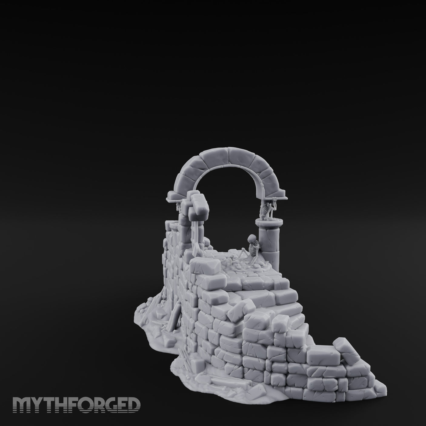 Arch-Spanned Skeleton-Flanked Ruined Gatehouse Stairs Miniature for Dungeons and Dragons, Pathfinder or other TTRPGs