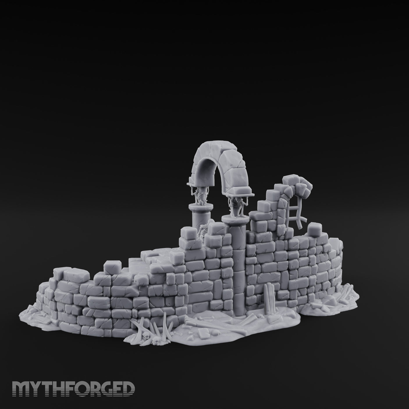 Arch-Spanned Skeleton-Flanked Ruined Gatehouse Stairs Miniature for Dungeons and Dragons, Pathfinder or other TTRPGs