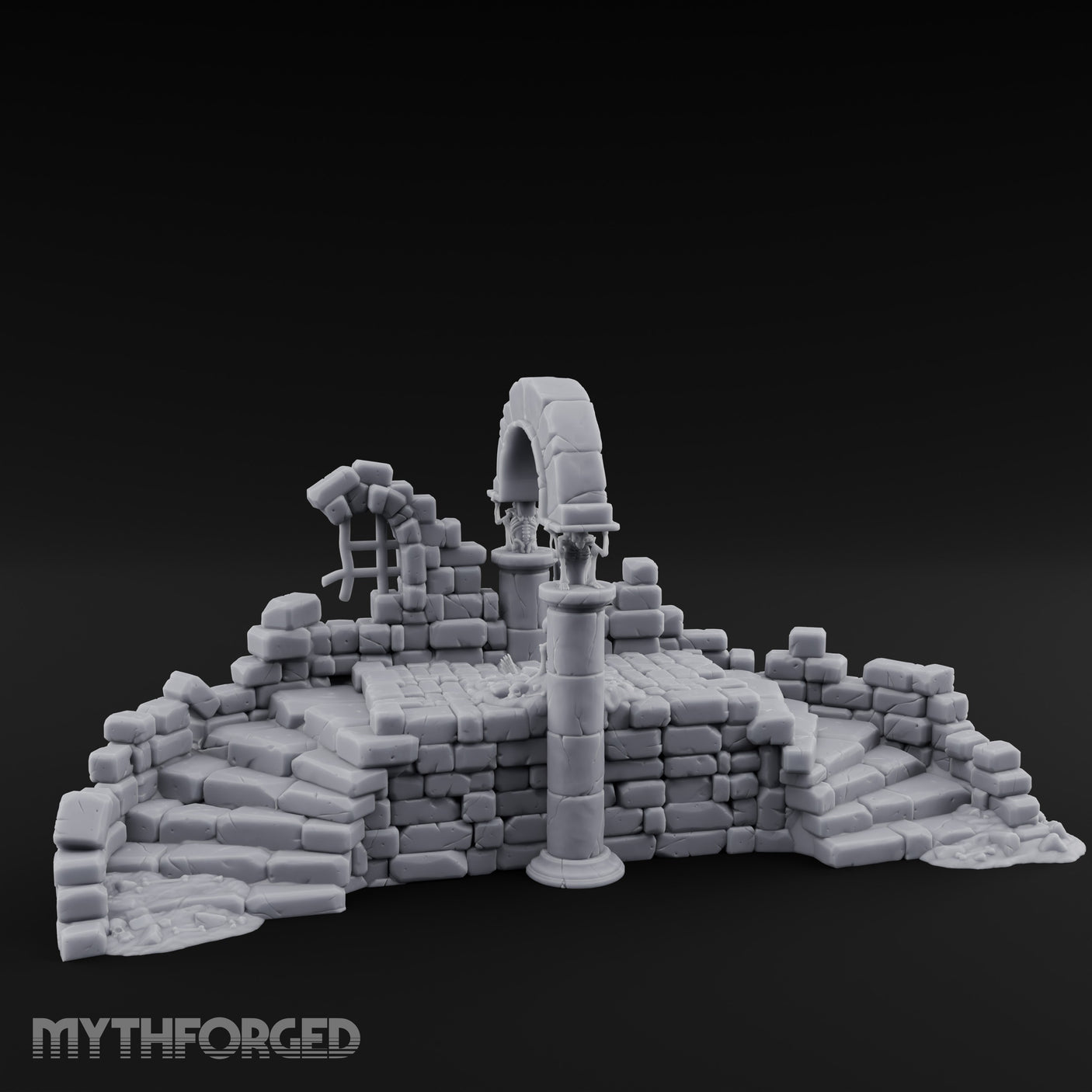Arch-Spanned Skeleton-Flanked Ruined Gatehouse Stairs Miniature for Dungeons and Dragons, Pathfinder or other TTRPGs