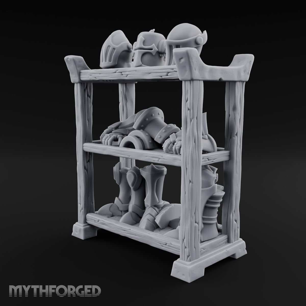 Helms Up, Boots Down Wooden Armour Display Shelf — Stocked