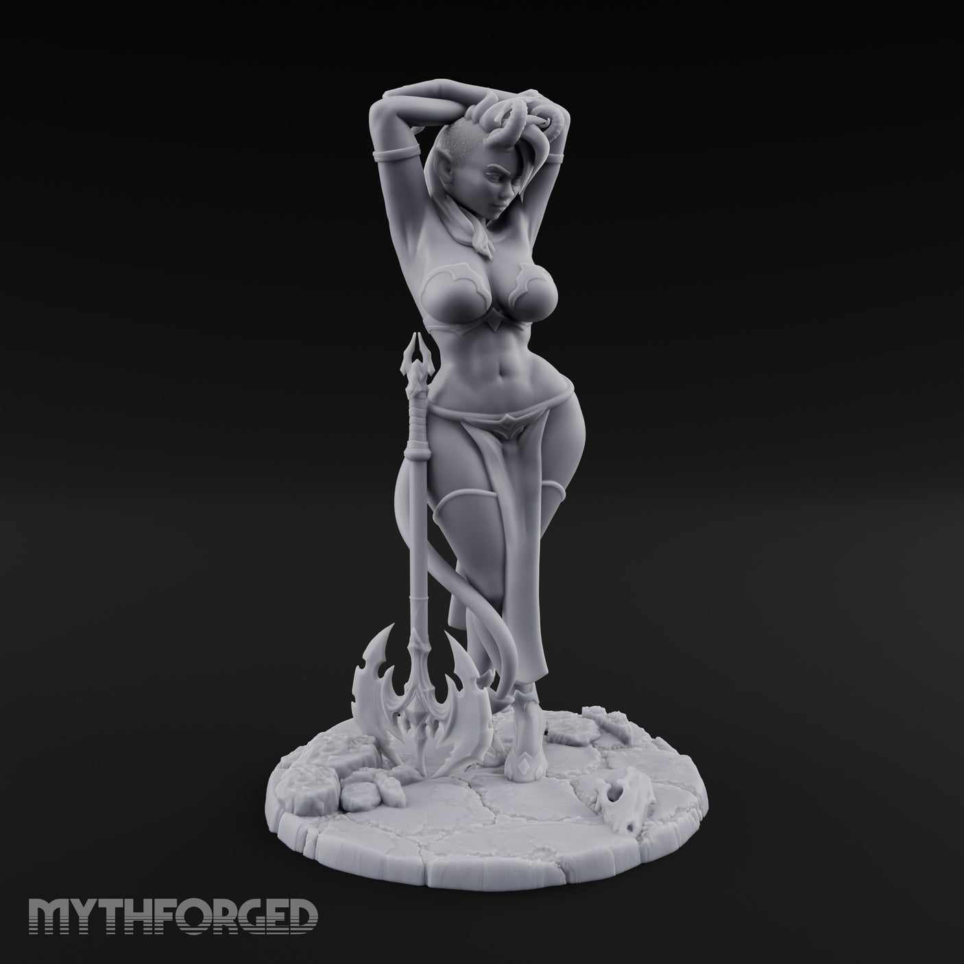 Arms Raised Trident Resting Tiefling Warlock Miniature for Dungeons and Dragons, Pathfinder or other TTRPGs