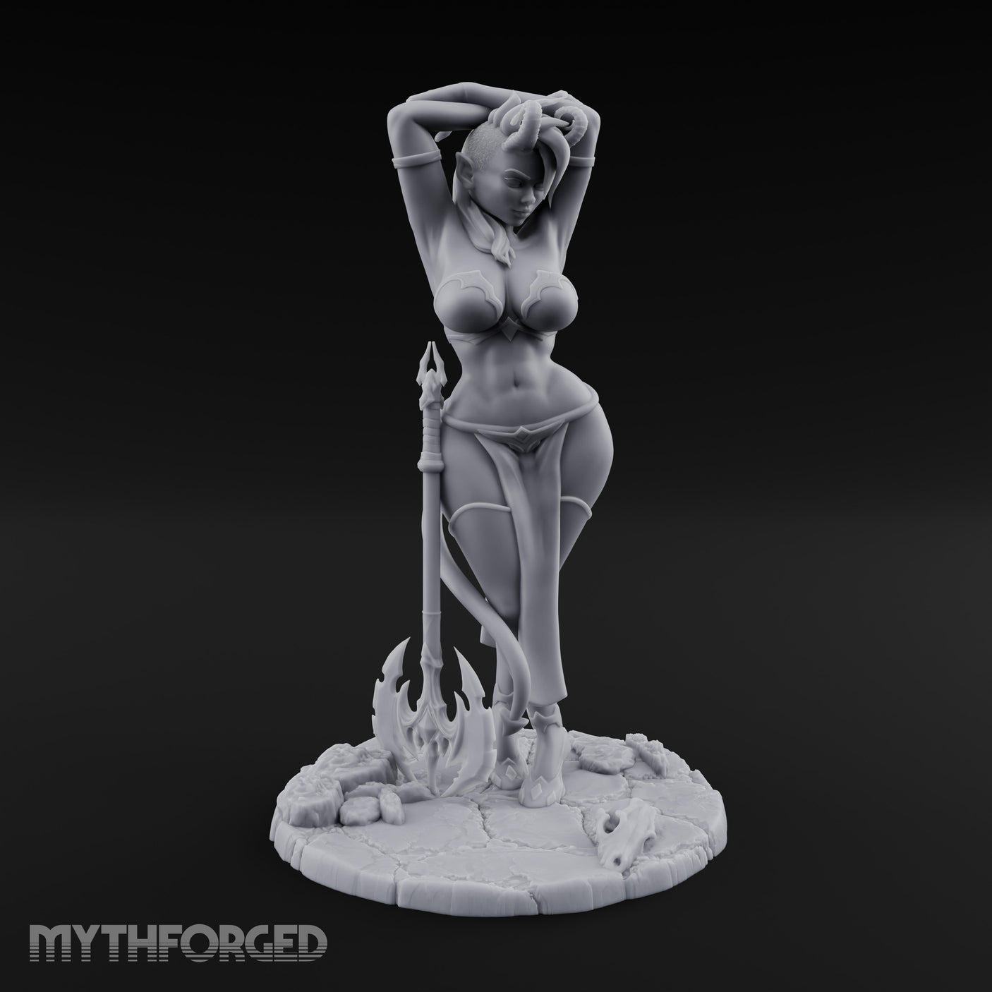 Arms Raised Trident Resting Tiefling Warlock Miniature for Dungeons and Dragons, Pathfinder or other TTRPGs