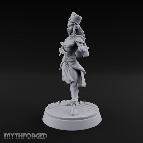 Velvet Rope Poise Elf Female Hostess in Tall Cap and Cape with Presenting Hands