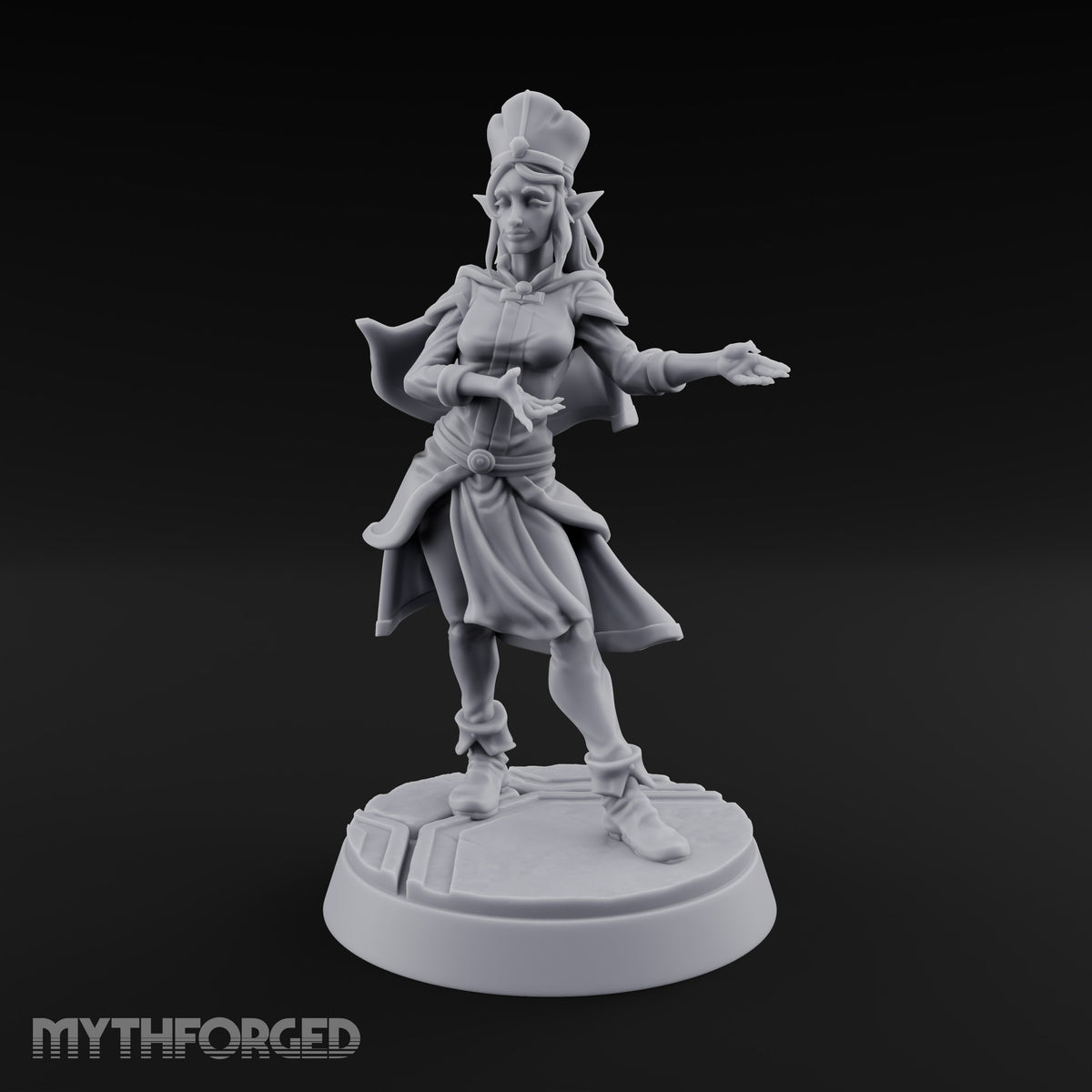 Velvet Rope Poise Elf Female Hostess in Tall Cap and Cape with Presenting Hands