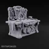 Everything Has a Reserve Price Wooden Display Desk with Draped Counter, Weapon and Harp Backboard, and Gavel