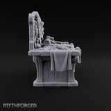 Everything Has a Reserve Price Wooden Display Desk with Draped Counter, Weapon and Harp Backboard, and Gavel
