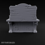 Everything Has a Reserve Price Wooden Display Desk with Draped Counter, Weapon and Harp Backboard, and Gavel
