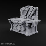 Everything Has a Reserve Price Wooden Display Desk with Draped Counter, Weapon and Harp Backboard, and Gavel