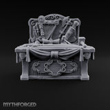 Everything Has a Reserve Price Wooden Display Desk with Draped Counter, Weapon and Harp Backboard, and Gavel