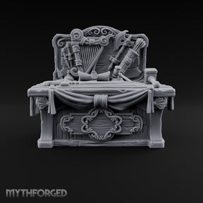 Everything Has a Reserve Price Wooden Display Desk with Draped Counter, Weapon and Harp Backboard, and Gavel