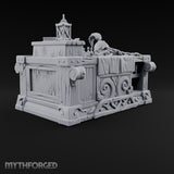 Priceless, Allegedly Wooden Display Desk with Draped Cloth, Potions, Helm and Lantern on Carved Scroll Base