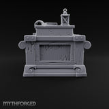 Priceless, Allegedly Wooden Display Desk with Draped Cloth, Potions, Helm and Lantern on Carved Scroll Base