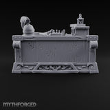 Priceless, Allegedly Wooden Display Desk with Draped Cloth, Potions, Helm and Lantern on Carved Scroll Base