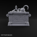Priceless, Allegedly Wooden Display Desk with Draped Cloth, Potions, Helm and Lantern on Carved Scroll Base