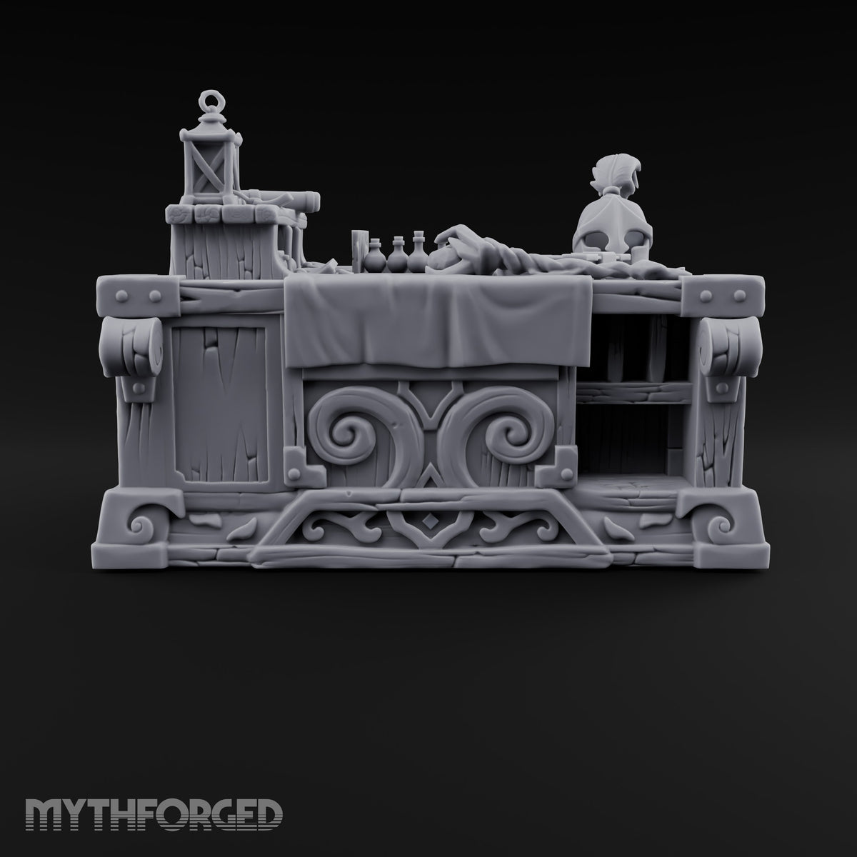 Priceless, Allegedly Wooden Display Desk with Draped Cloth, Potions, Helm and Lantern on Carved Scroll Base