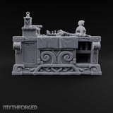 Priceless, Allegedly Wooden Display Desk with Draped Cloth, Potions, Helm and Lantern on Carved Scroll Base