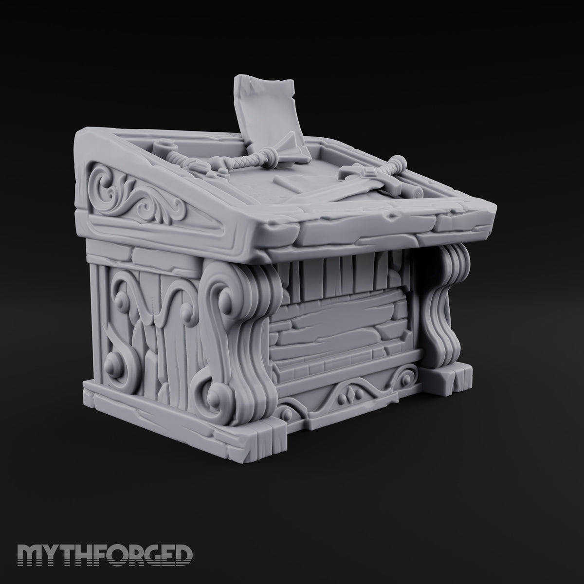 Mace Value Stone-Topped Display Desk with Weapons Tray, Parchment Sheet and Scroll-Carved Supports