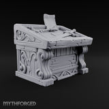 Mace Value Stone-Topped Display Desk with Weapons Tray, Parchment Sheet and Scroll-Carved Supports