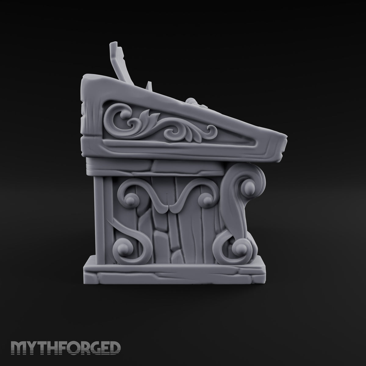 Mace Value Stone-Topped Display Desk with Weapons Tray, Parchment Sheet and Scroll-Carved Supports