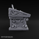 Mace Value Stone-Topped Display Desk with Weapons Tray, Parchment Sheet and Scroll-Carved Supports