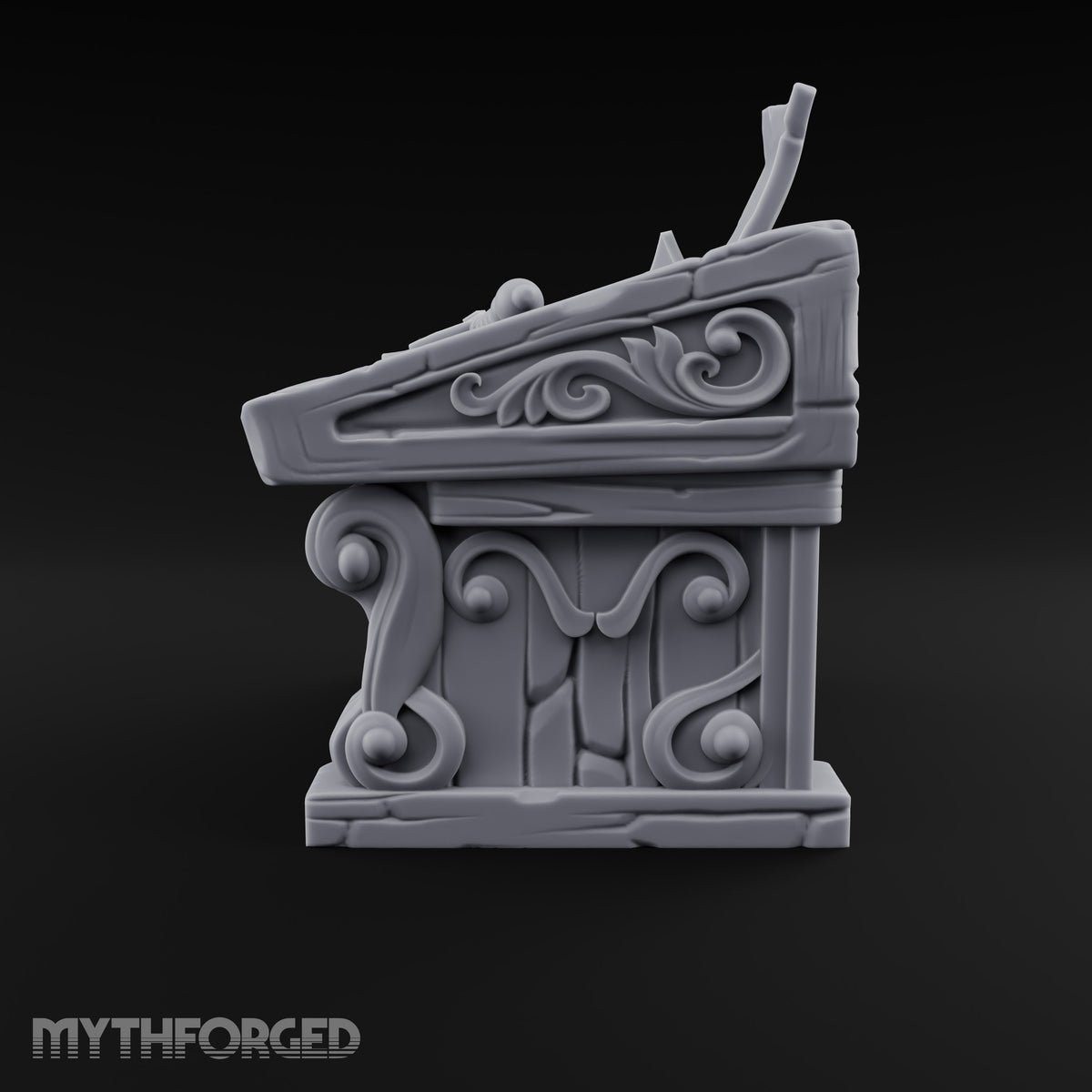Mace Value Stone-Topped Display Desk with Weapons Tray, Parchment Sheet and Scroll-Carved Supports