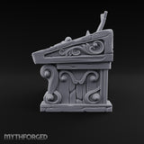 Mace Value Stone-Topped Display Desk with Weapons Tray, Parchment Sheet and Scroll-Carved Supports