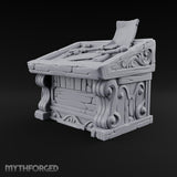 Mace Value Stone-Topped Display Desk with Weapons Tray, Parchment Sheet and Scroll-Carved Supports