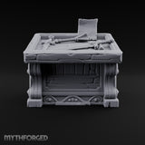 Mace Value Stone-Topped Display Desk with Weapons Tray, Parchment Sheet and Scroll-Carved Supports