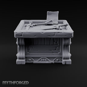 Mace Value Stone-Topped Display Desk with Weapons Tray, Parchment Sheet and Scroll-Carved Supports