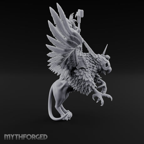 Axe Aloft Griffin Riding Human Emperor on Griffin Miniature for Dungeons and Dragons, Pathfinder or other TTRPGs