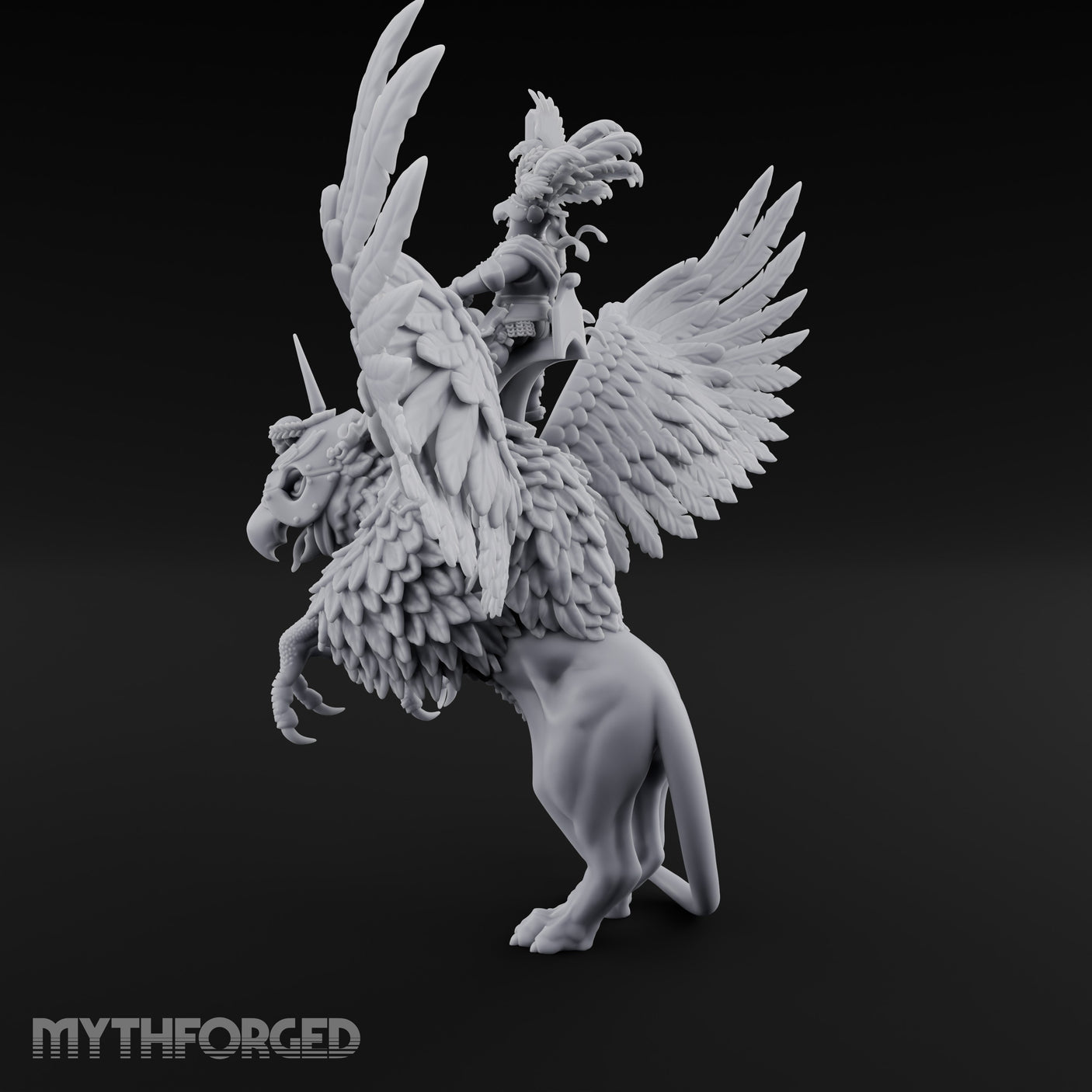 Axe Aloft Griffin Riding Human Emperor on Griffin Miniature for Dungeons and Dragons, Pathfinder or other TTRPGs