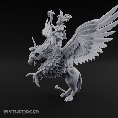 Axe Aloft Griffin Riding Human Emperor on Griffin Miniature for Dungeons and Dragons, Pathfinder or other TTRPGs