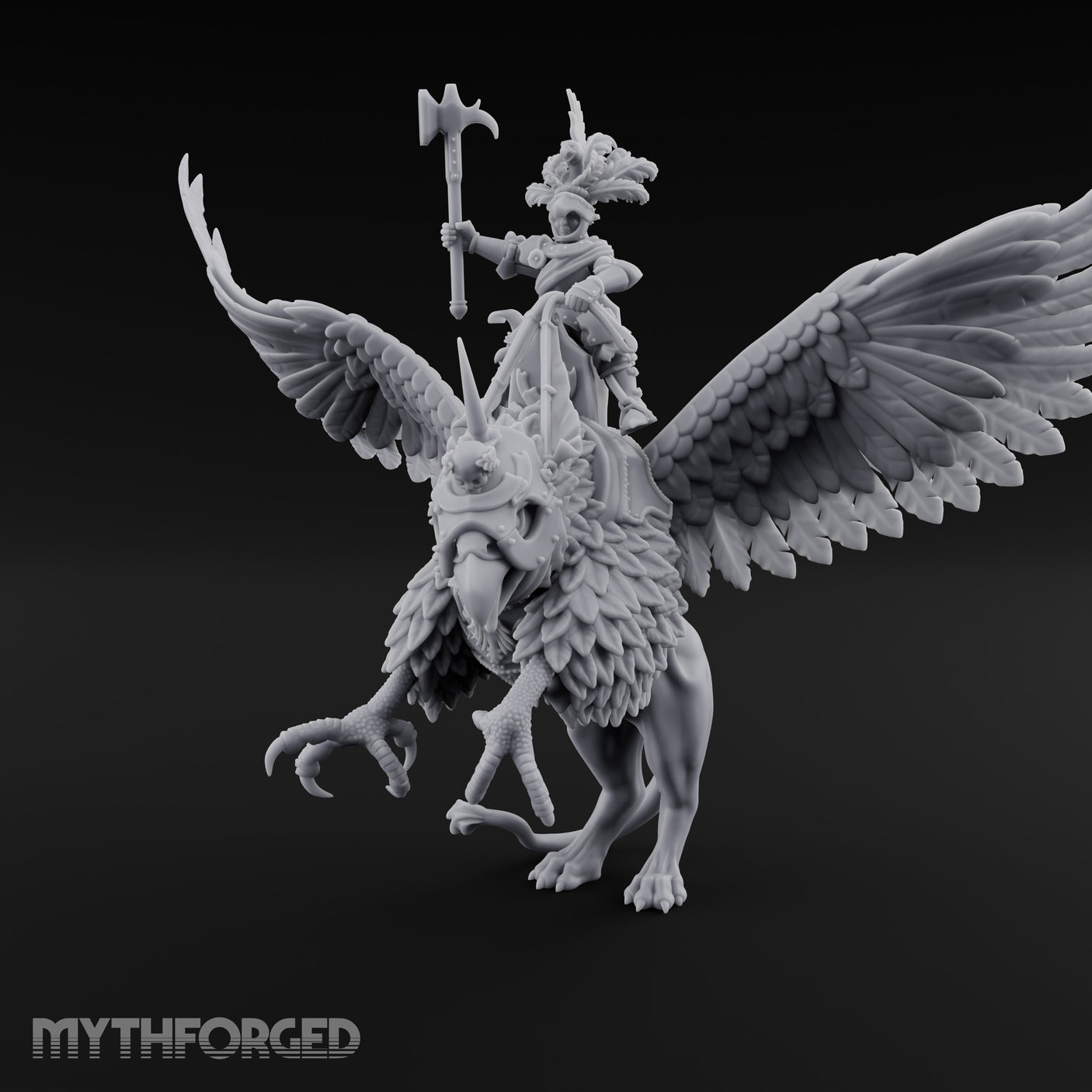 Axe Aloft Griffin Riding Human Emperor on Griffin Miniature for Dungeons and Dragons, Pathfinder or other TTRPGs