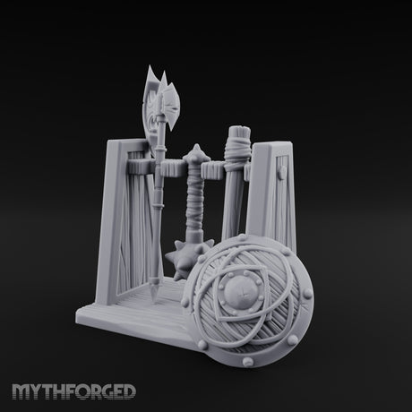Axe-Crowned Shield-Leaned Tribal Weapon Rack Miniature for Dungeons and Dragons, Pathfinder or other TTRPGs