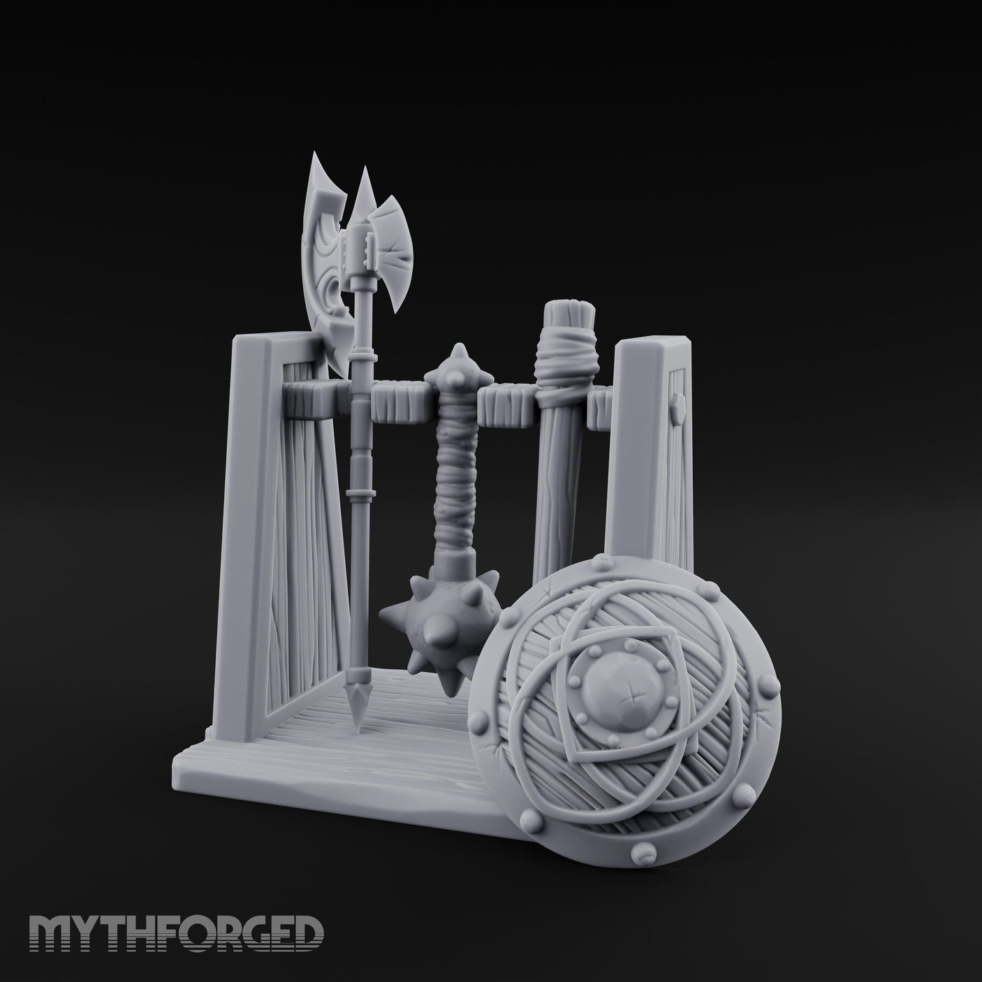 Axe-Crowned Shield-Leaned Tribal Weapon Rack gallery 1